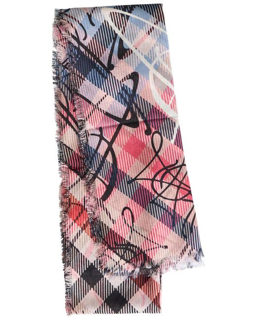 Vivienne Westwood White Tartan Logo-Monogrammed Wool Scarf