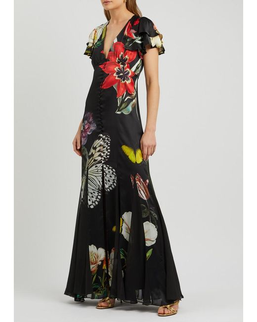 Alice + Olivia Black Fara Floral-Print Satin Maxi Dress
