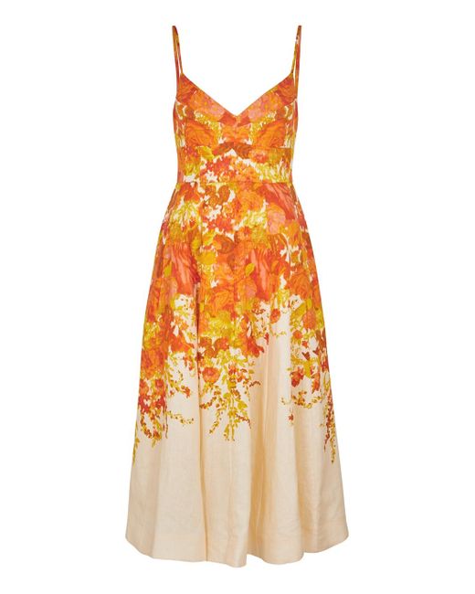 Zimmermann High Tide Picnic Floralprint Linen Midi Dress in Orange