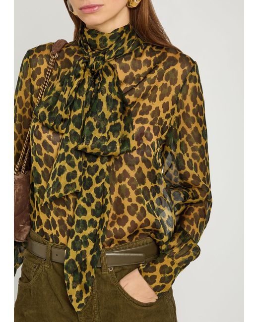 Saint Laurent Green Leopard Semi-Sheer Silk Blouse