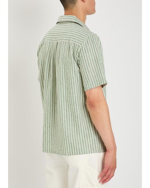 Les Deux Green Striped Cotton And Linen-Blend Shirt for men