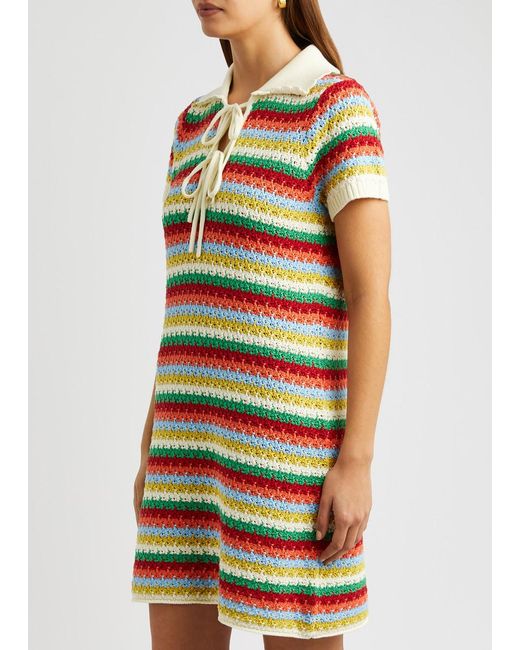 Kitri Blue Ridley Striped Crochet-knit Mini Dress