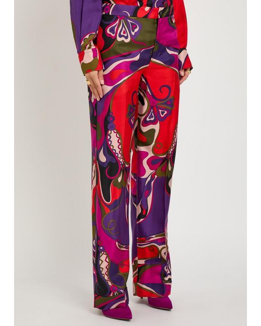 Emilio Pucci Red Orchidee Printed Silk Trousers