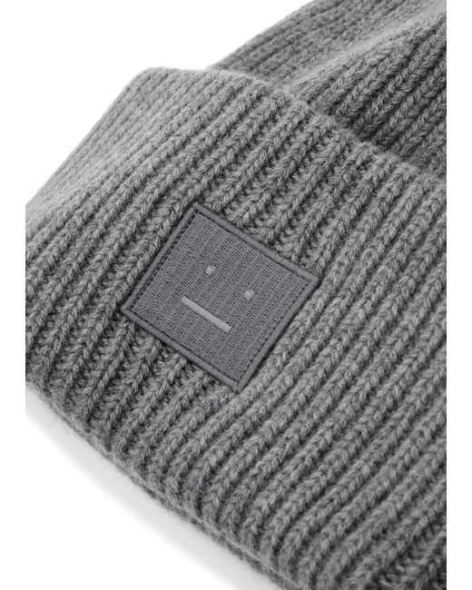 Acne Gray Pansy Logo Ribbed Wool Beanie for men