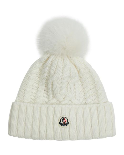 Moncler White Pompom Cable-knit Wool-blend Beanie