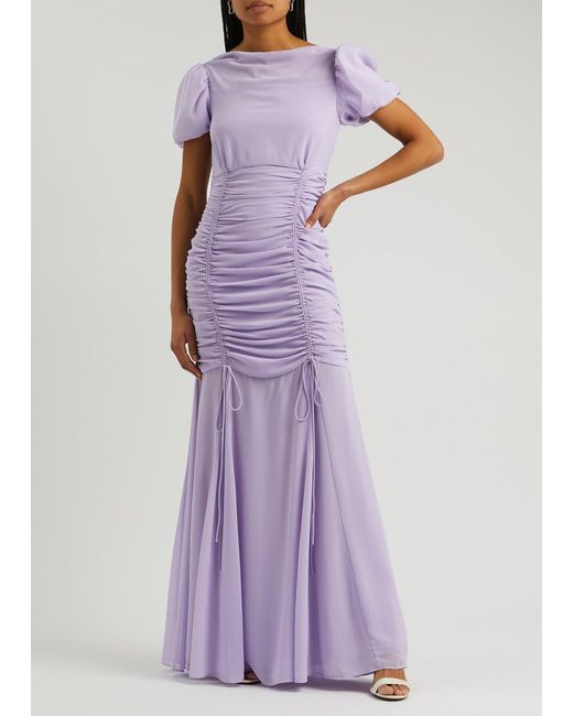 De La Vali Purple Amandine Ruched Chiffon Maxi Dress