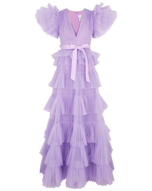 Huishan Zhang Purple Nicolette Tiered Ruffled Tulle Gown