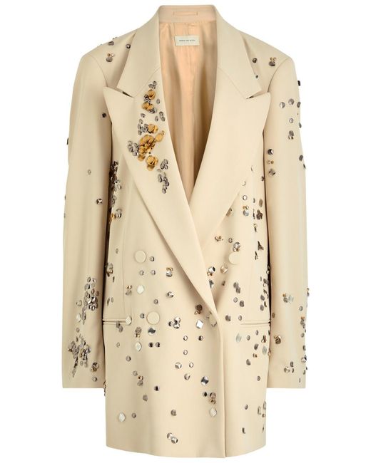 Dries Van Noten Natural Blink Embellished Double-Breasted Wool Blazer