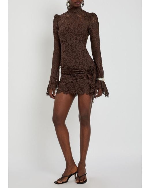 De La Vali Brown Bodita Rose-Appliquéd Guipure Lace Mini Dress