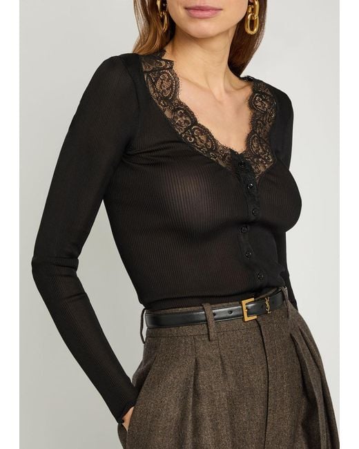 Saint Laurent Black Lace-Trim Ribbed Silk Cardigan