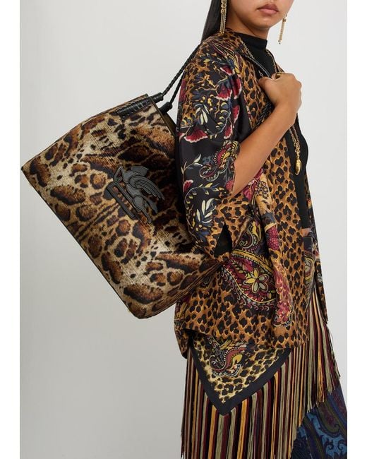 Etro Brown Libra Large Leopard Velvet And Leather Tote