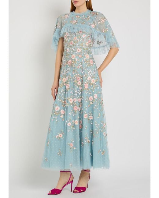 Needle & Thread Blue Eden Rose Embroidered Cape-Effect Tulle Gown