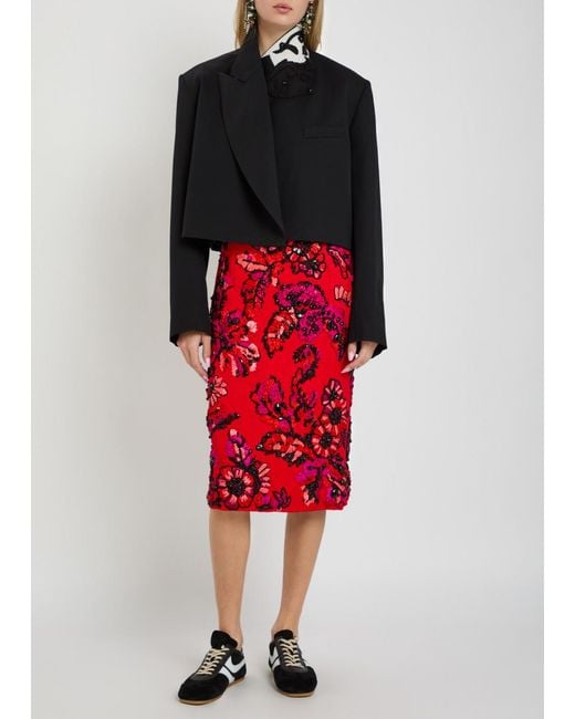 Dries Van Noten Red Summer Floral-Embellished Woven Midi Skirt