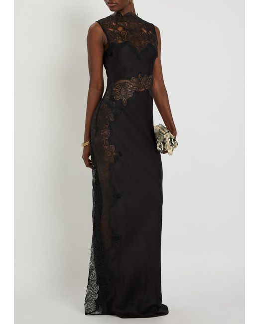 Shona Joy Black Jamila High-Neck Lace Satin Maxi Dress