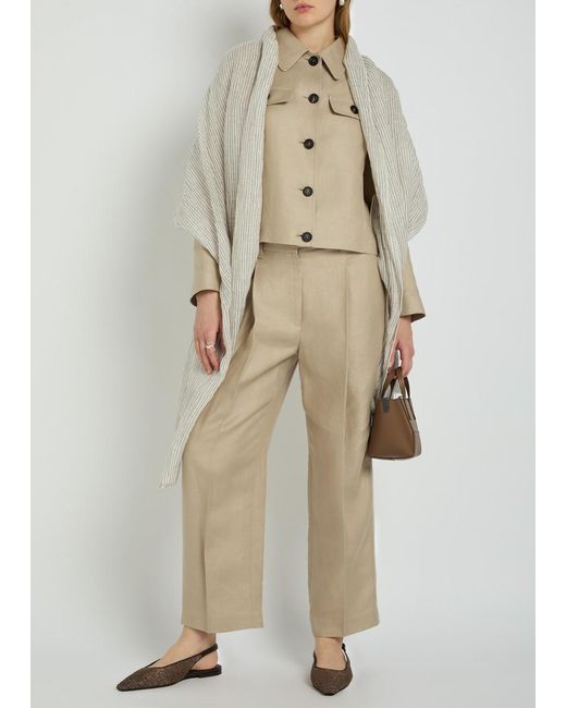 Brunello Cucinelli White Striped Metallic Linen-Blend Scarf