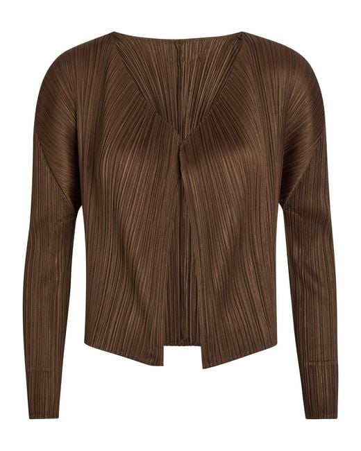 Pleats Please Issey Miyake Brown Pleated Woven Cardigan