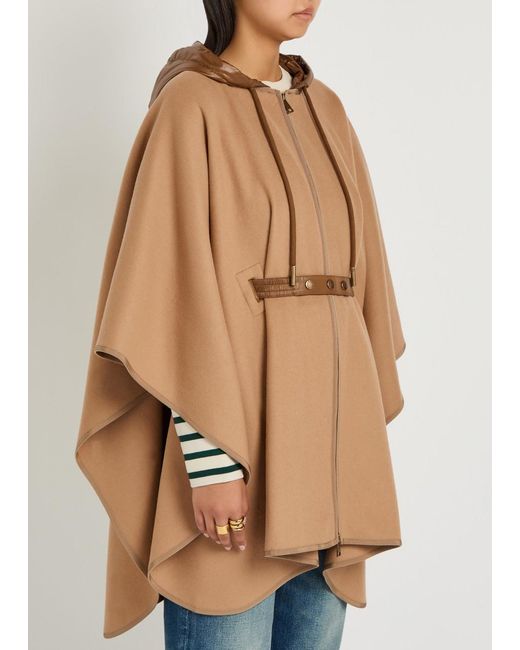 Moncler Natural Hooded Belted Wool-Blend Cape Coat