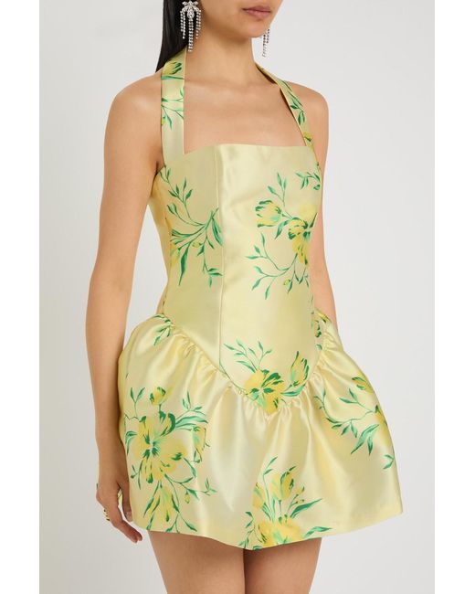 De La Vali Yellow Aura Floral-Print Faille Mini Dress