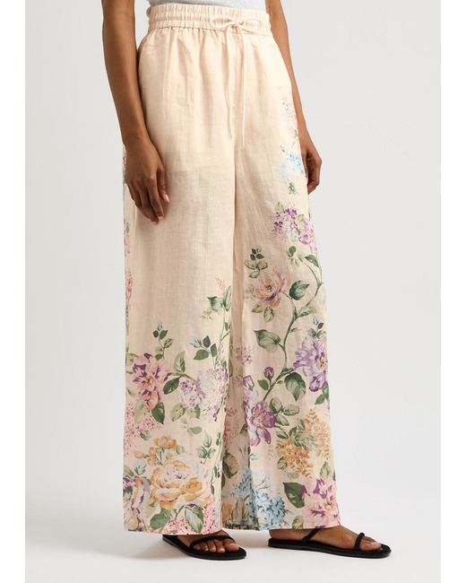 Zimmermann Natural Halliday Floral-Print Linen Trousers