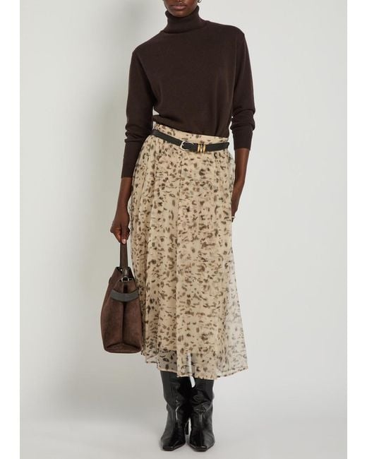 Brunello Cucinelli Natural Lynx-Print Silk-Organza Midi Skirt