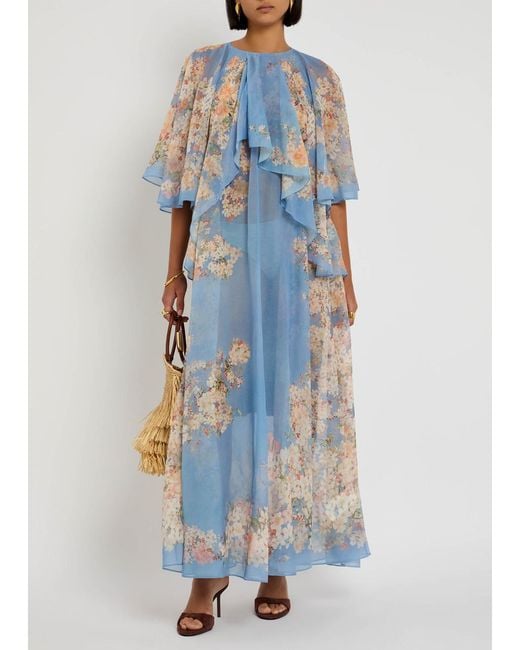 Zimmermann Blue Cascadian Floral-Print Chiffon Maxi Dress