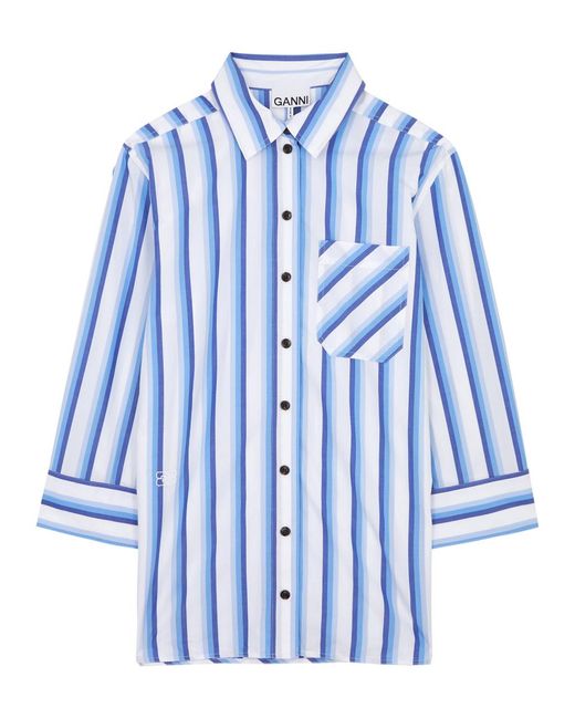 Ganni Blue Striped Cotton-Poplin Shirt