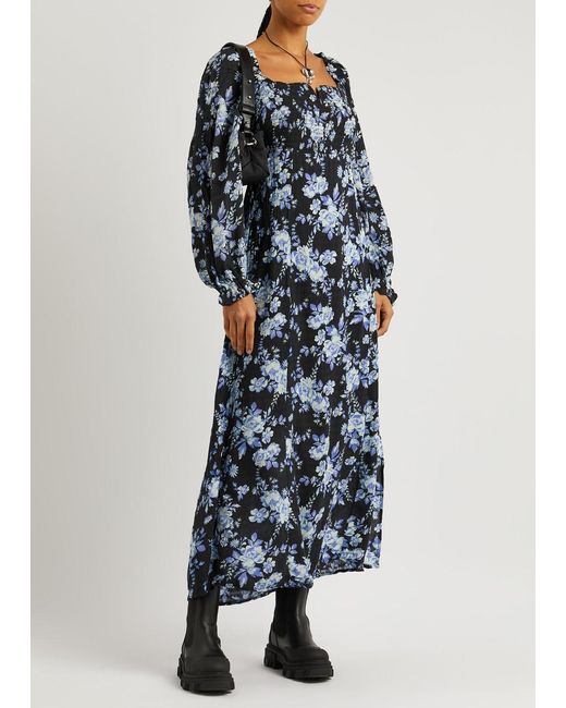 Free People Black Jaymes Floral-print Woven Midi Dress