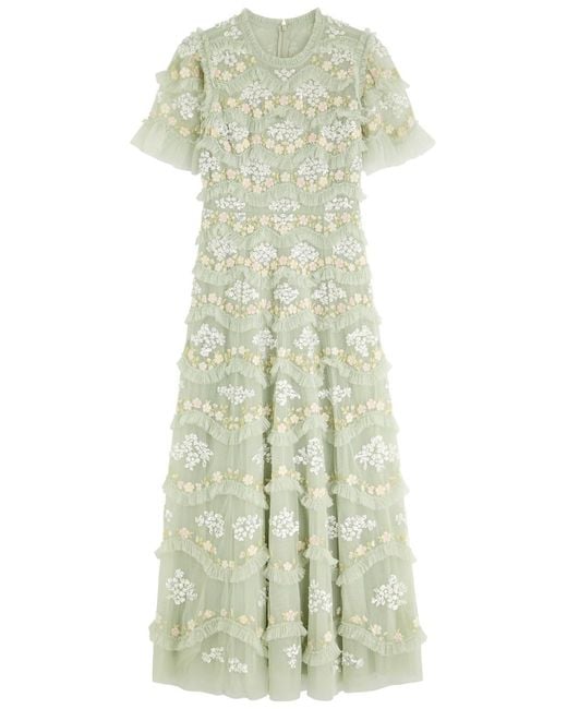 Needle & Thread Green Daisy Wave Embellished Ruffled Tulle Gown