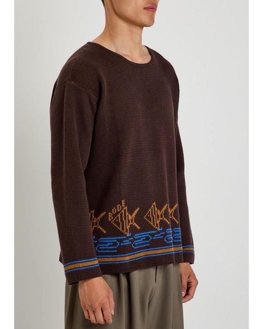 Bode Brown Fish School Intarsia Cotton Jumper for men