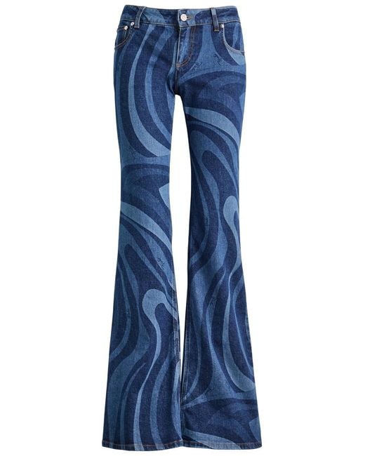 Emilio Pucci Blue Wave-Printed Flared-Leg Jeans