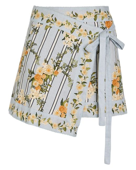 Agua Bendita White Luna Floral-Print Linen Mini Wrap Skirt