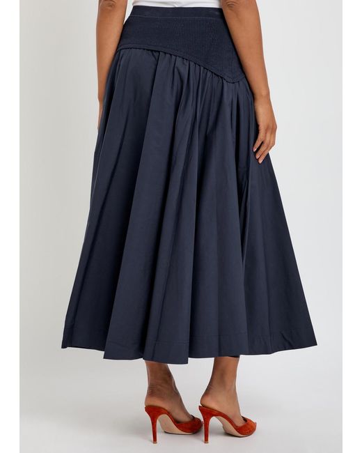 Jonathan Simkhai Blue Ovie Knit-Waist Cotton-Poplin Midi Skirt