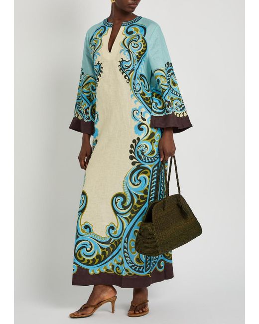 ALÉMAIS Green Natalia Printed Belted Linen Midi Dress