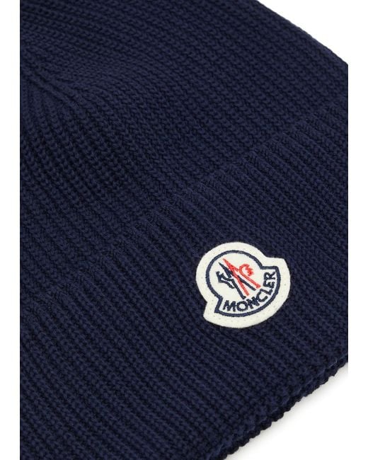 Moncler Blue Logo Ribbed Cotton Beanie for men