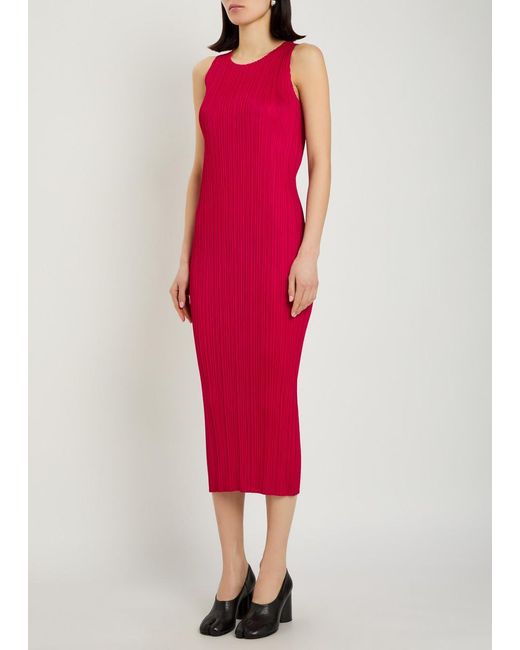 Pleats Please Issey Miyake Red Pleated Woven Midi Dress