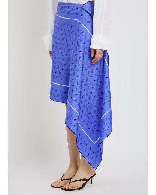 Otzio Blue Margot Printed Asymmetric Silk Midi Skirt