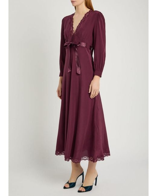 Rixo Purple Adaline Lace-Trim Silk-Chiffon Midi Dress