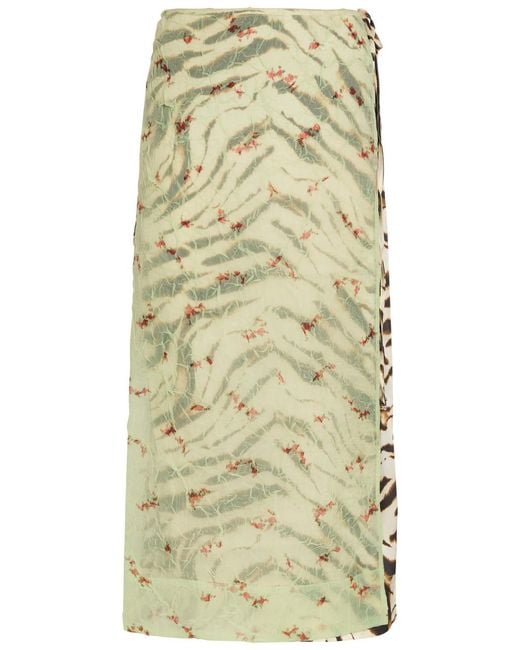 Ganni Natural Zebra-Print Layered Satin Maxi Wrap Skirt