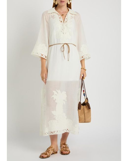 Zimmermann White Indra Embroidered Belted Ramie Maxi Dress