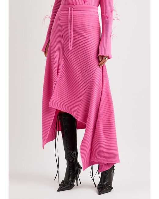 Marques'Almeida Pink Asymmetric Ribbed Wool Midi Skirt