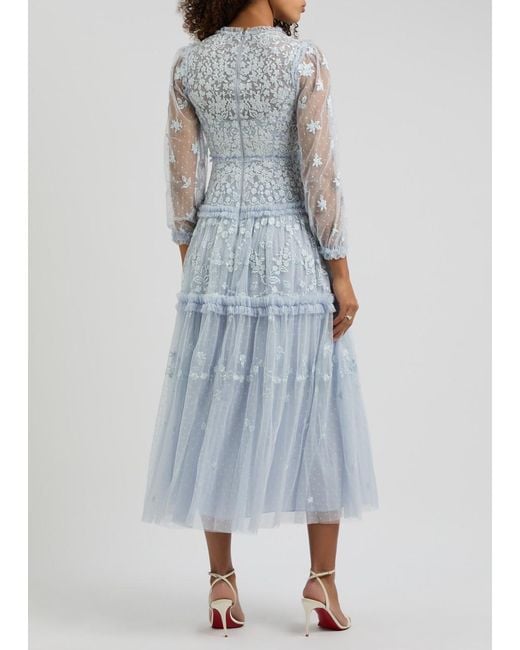 Needle & Thread Blue Autumn Lace Embroidered Tulle Maxi Dress