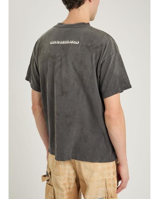 SAINT Mxxxxxx Gray Alpha Logo-Print Distressed Cotton T-Shirt for men