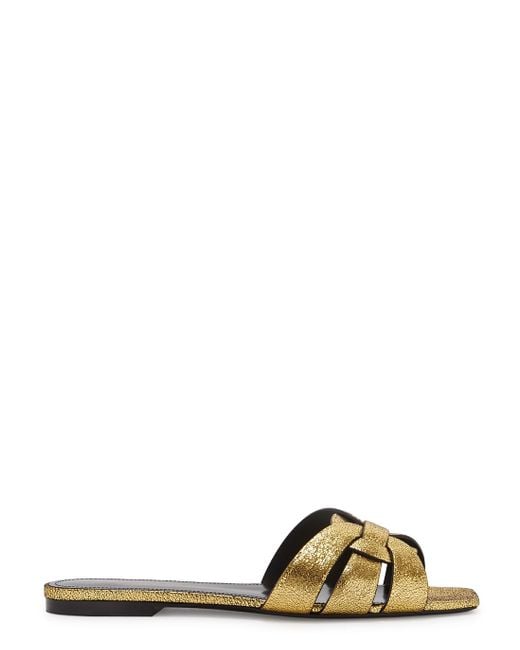 Saint Laurent Metallic Tribute Gold Leather Sliders