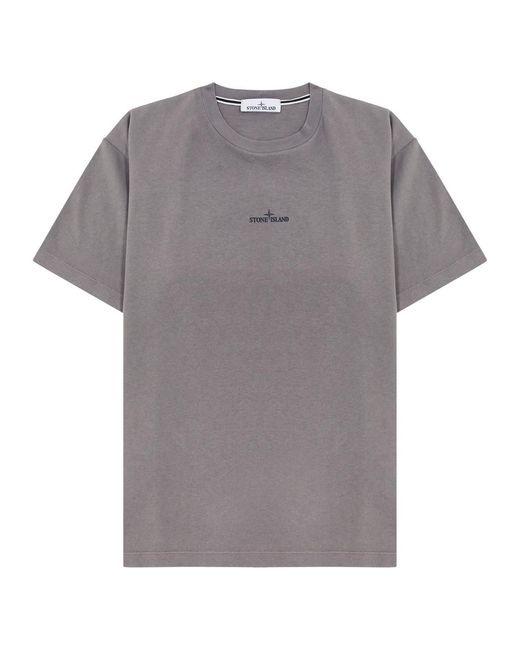 Stone Island Gray Logo-Print Cotton T-Shirt for men