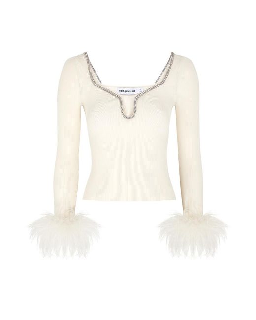Self-Portrait White Feather-trimmed Ribbed-knit Top