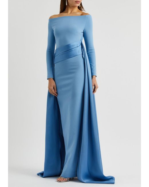 Solace London Blue Irma Off-The-Shoulder Draped Gown