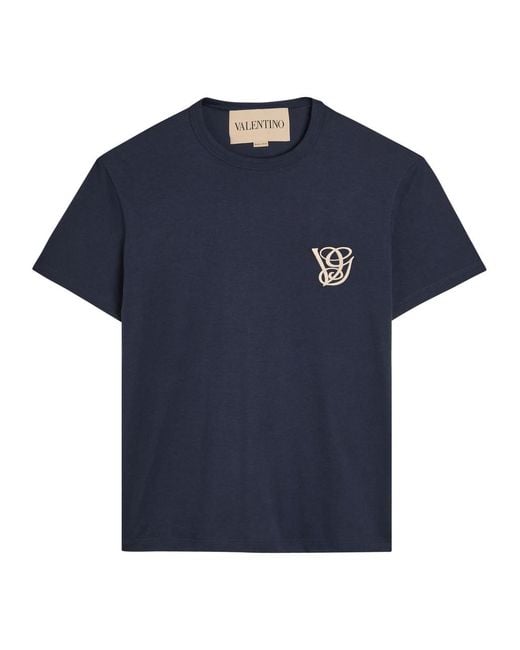 Valentino Garavani Blue Logo-Embroidered Cotton T-Shirt for men