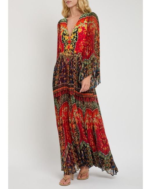 Alice + Olivia Red Bennett Floral-Print Pleated Chiffon Maxi Dress