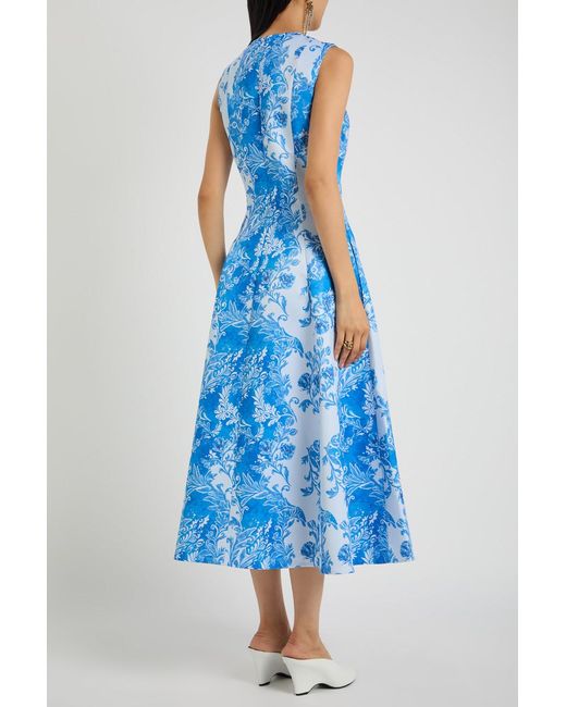 Emilia Wickstead Blue Mara Floral-Print Faille Midi Dress