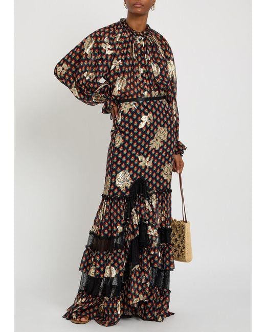 Etro Black Floral-Embroidered Silk Maxi Skirt